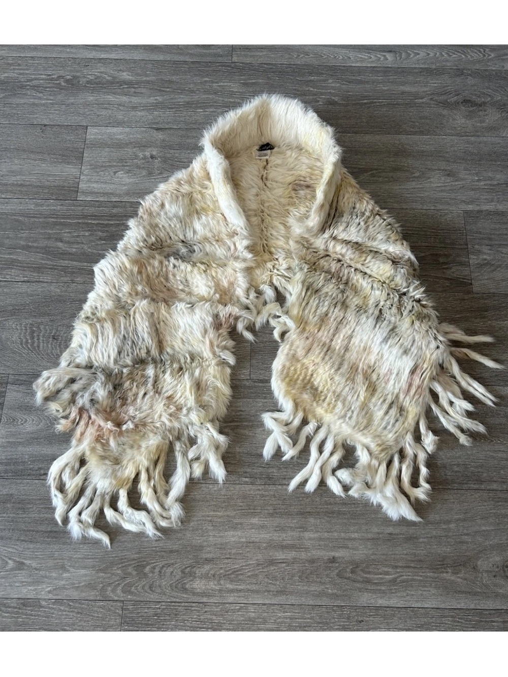 Vintage 100% Rabbit Fur Fringe Shawl Wrap Boho Y2K Cream Tan Vintage 58”